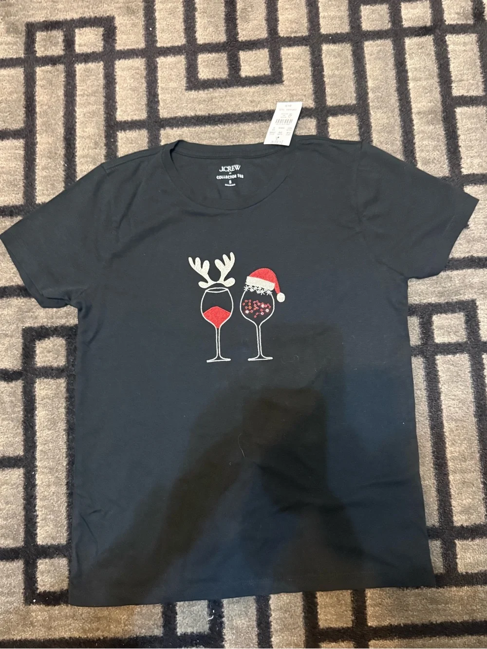 J. Crew Black Holiday Wine Glass Graphic Tee with Red Accents
